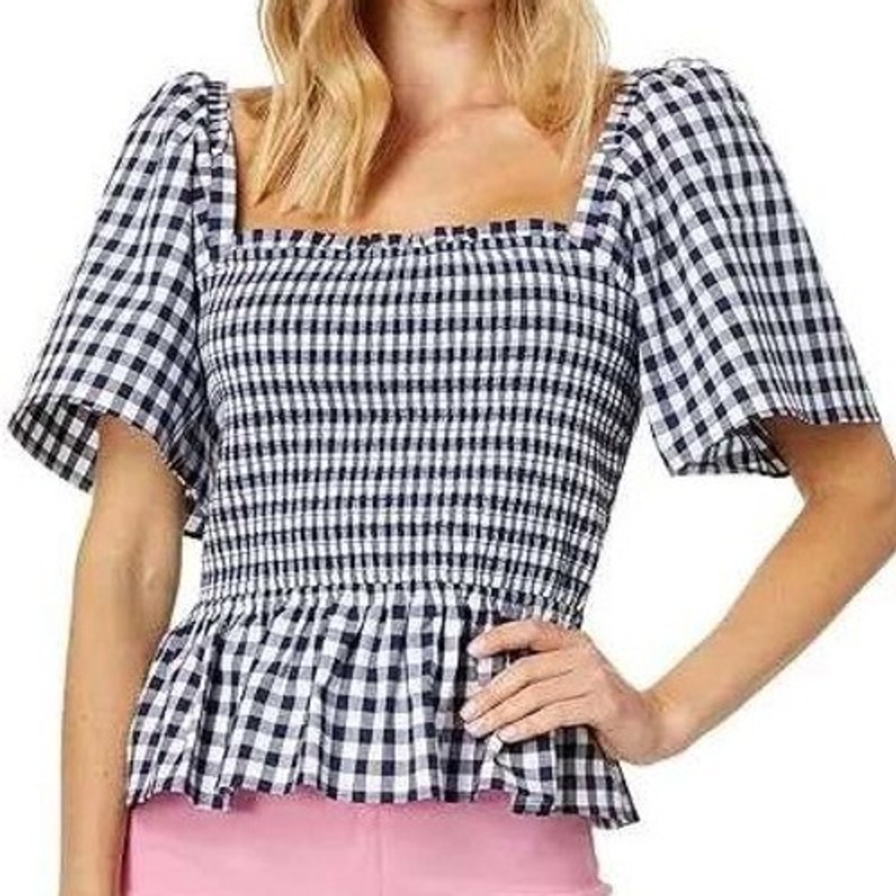 Draper‎ James Deana Peplum Top Small Navy Gingham Smocked Square Neck Preppy